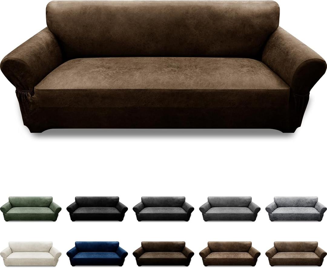 Couch Cover Leather Look 3 Seater Couch Sofa Cover 1-Piece Sofa Slipcover Stretch Furniture Protector with Elastic Bottom & Pockets(Sofa, Dark Brown)