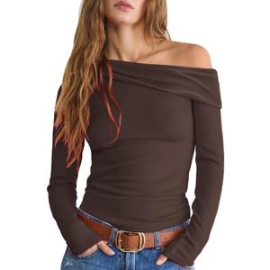 LIYOHON Women's Off The Shoulder Top Long Sleeve Shirts Sexy Slim Blouses Date Night Going Out One Shoulder Tops (Large, Yh-brown)