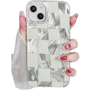Compact for iPhone 16 Plus Case Shiny Silver Larger Checkered Design Phone Case, Cute Trendy Soft Slim TPU Shockproof Protective Cover for Women Girls Aesthetic Glitter, White