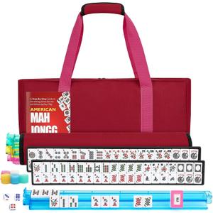 American Mahjong Tile Set,166 White Tiles Mahjong Set,4 Colors Mahjong Racks,Travel Mahjong Set with Red Carrying Bag