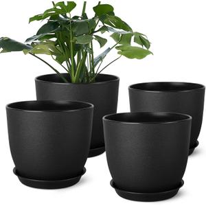 Plant Pots 8 Inch Set of 4, Flower Pots with Multi Mesh Drainage Holes, Planters for Indoor Outdoor Garden Plants and Flowers (Black)
