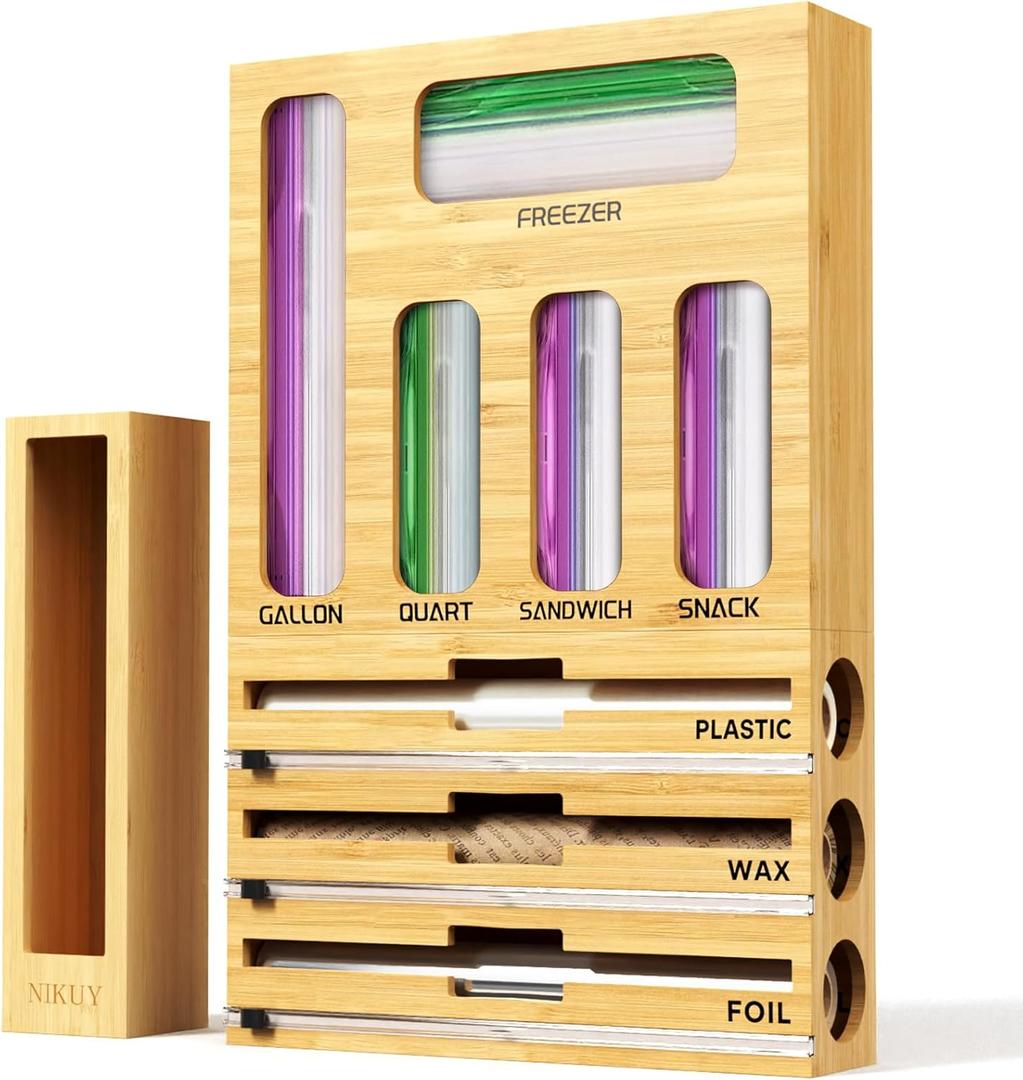 NIKUY 9 IN 1 Bamboo Foil and Plastic Wrap Organizer for Kitchen Drawer, Plastic Bag Organizer Organization and Storage, Food Storage Bag Organizer with Labels for Quart Gallon Snack Sandwich Bag