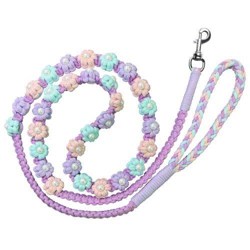 Handmade Braided Dog Leash with Floral Design, Soft Cotton Rope - Lightweight Spring Summer Leash for Small/Medium Dogs, 59in Safe & Durable (Wisteria Whisper)