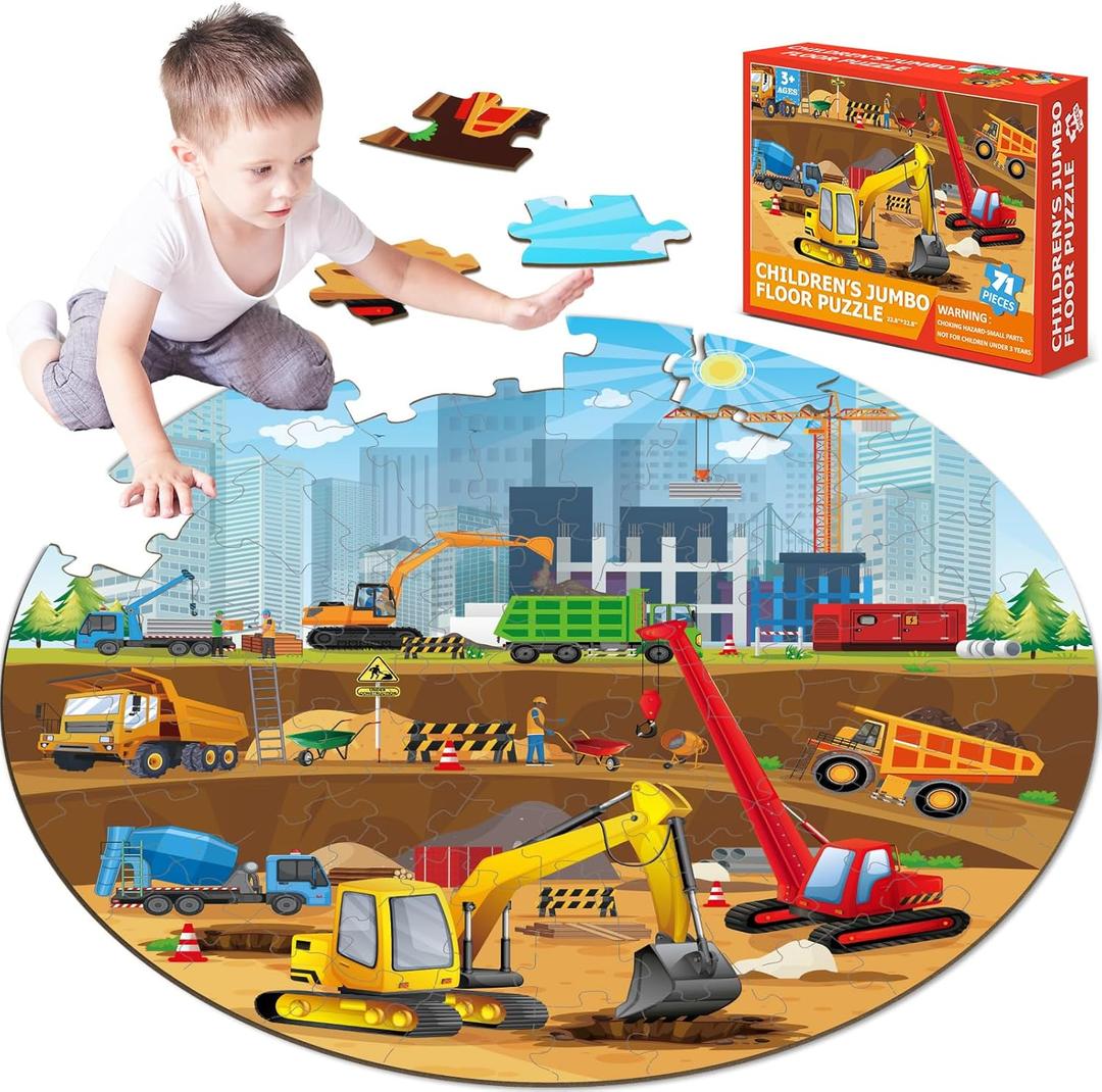 Construction Jumbo Floor Puzzle for Kids Birthday Day Gifts 71Pcs Construction Vehicle Large Round Floor Puzzles for Kids Party Supplies Construction Truck Cars Educational Toys for Boys 22.8 inch