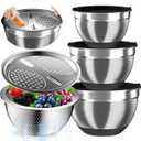 Mixing Bowls with Airtight Lids, Stainless Steel Mixing Bowl Set with 3 Metal Nesting Bowls, Colander & Grater, Non-Slip Bottoms, Size 1.5, 2.5, 5 QT, Great for Mixing & Serving, Black