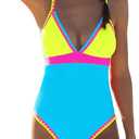popvil Yellow and Deep Sky Blue Color Block One Piece Bathing Suit for Women V Neck Swimsuit Plunge Shell Trim Swimwear Tie Back, XXL