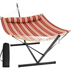 SUNCREAT Hammocks Portable Hammock with 12 ft Stand Included, Double Hammock with Curved Spreader Bar, Red Stripes