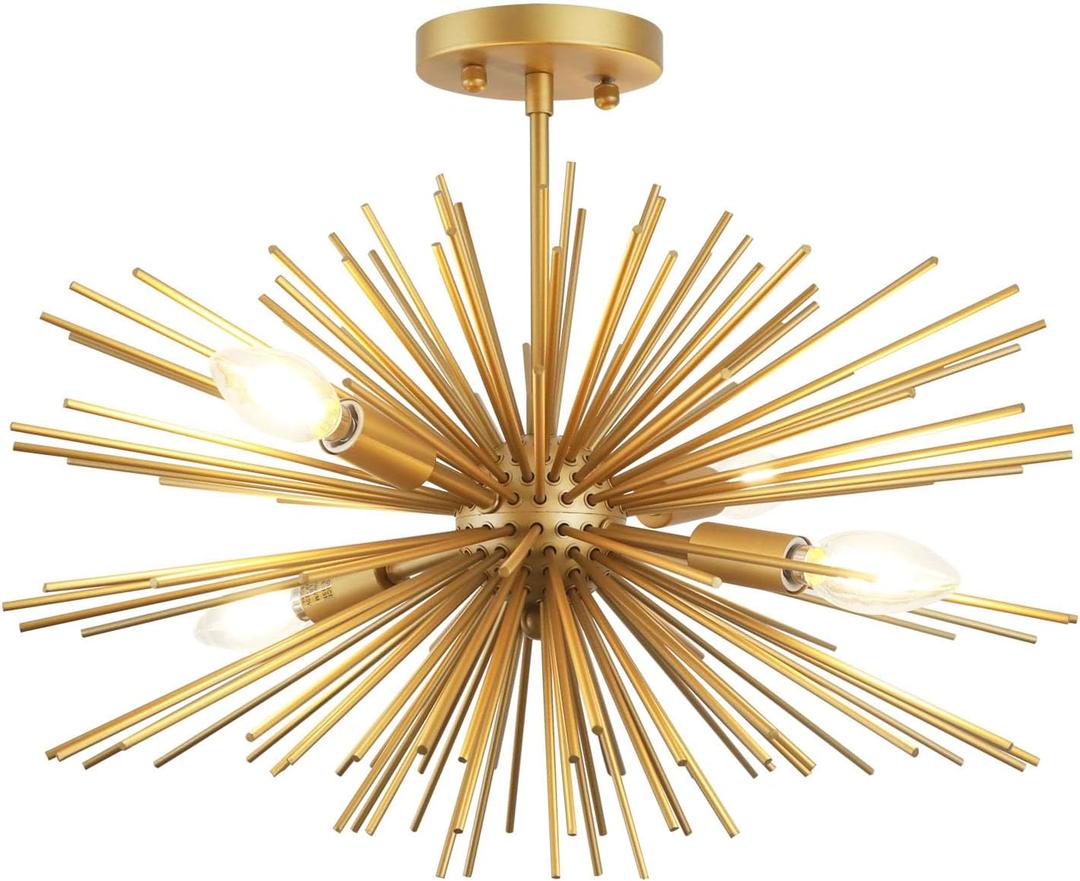 20" Gold Modern Sputnik Chandeliers Ceiling Light Fixture,4-Light Mid Century Semi Flush Mount Ceiling Lights, Starburst Satellite Chandeliers for Bedroom Kitchen Hallway Entryway Office E12