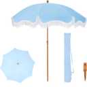 PHI VILLA 7ft Beach Umbrella with Fringe & Sand Anchor, Outdoor Patio Heavy Duty Windproof Portable Tassel Umbrellas for Sand with Push Button Tilt & Carrying Bag, UPF 50+, Light Blue (No Base)