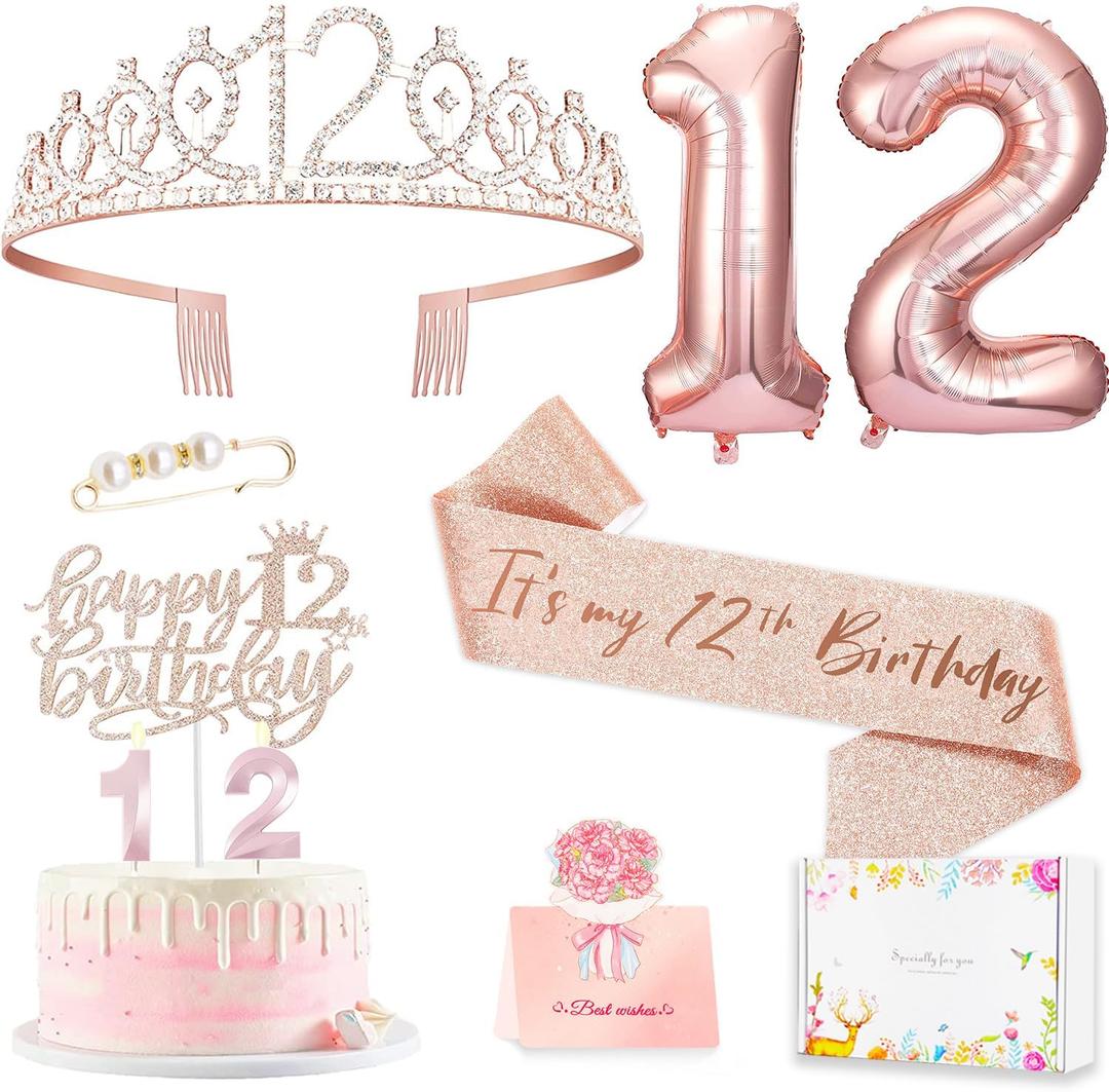 12th Birthday Decorations for Girls, Including 12 year old Cake Topper, Birthday Queen Sash with Pearl Pin, Sweet Rhinestone Tiara Crown, Number Candles and Balloons Set, Rose Gold