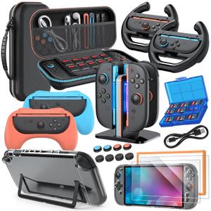 Switch 2 Accessories, Bundle Case for Nintendo Switch 2 (2025), MENEEA 20-IN-1 Kits: Carrying Case, Controller Charger Dock, Grips for Joy Con, Steering Wheels for Mario Kart, Protective Cover for Controller Console for Switch 2 (Black)