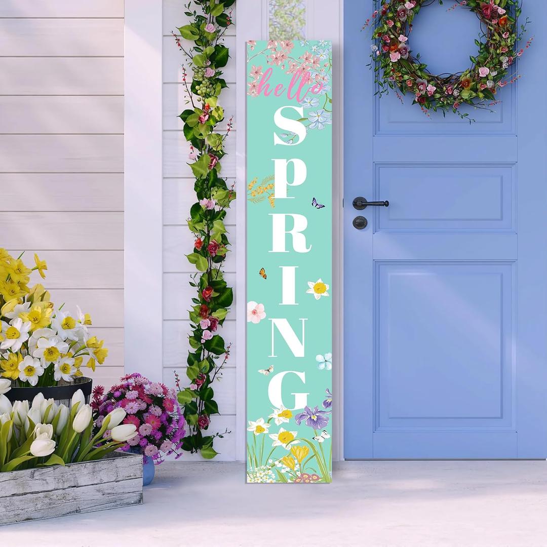 Spring Porch Sign Watercolor Flowers Hello Spring Front Door Hanging Decorations Indoor Outdoor Wooden Vertical Standing Welcome Sign For Home Yard Season Decor 47 x 7.8 inch