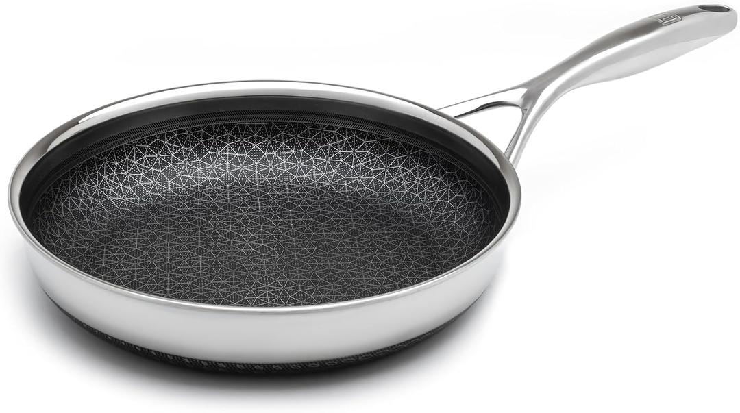 LIVWELL DiamondClad 10-Inch Hybrid Nonstick Fry Pan - Kitchen Gift - Frying Pan Stainless Steel Cookware Set with Tempered Glass Lids - Dishwasher Safe, PFOA-free Cookware - Silver/Black