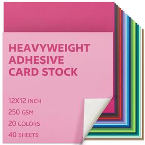 12x12 Inch Colored Sticker Paper Sheets Heavyweight Printable Sticky Back Cardstock 250GSM for DIY Stickers, Printers 40 Sheets