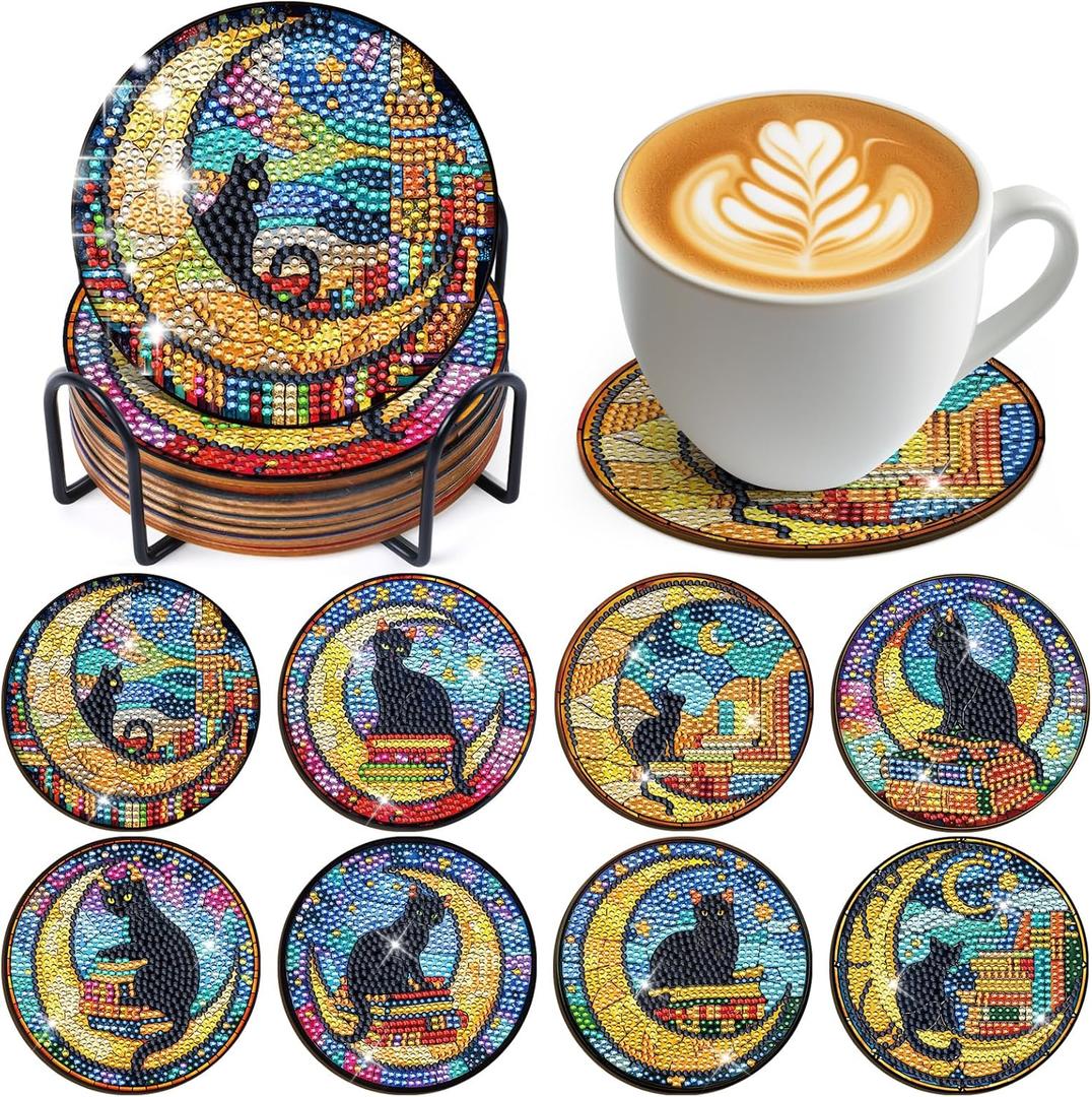 Sitsink Black Cat Diamond Art Coasters - 8 Pcs DIY Black Cat Moon Adult Diamond Painting Coasters Kits with Holder for Adults Beginners Gift Crafts Supplies