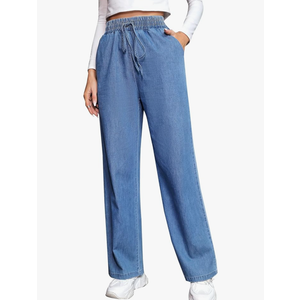 Love Welove Fashion Wide Leg Jeans for Women Elastic High Waisted Pull On Drawstring Baggy Denim Pants Plus Size M