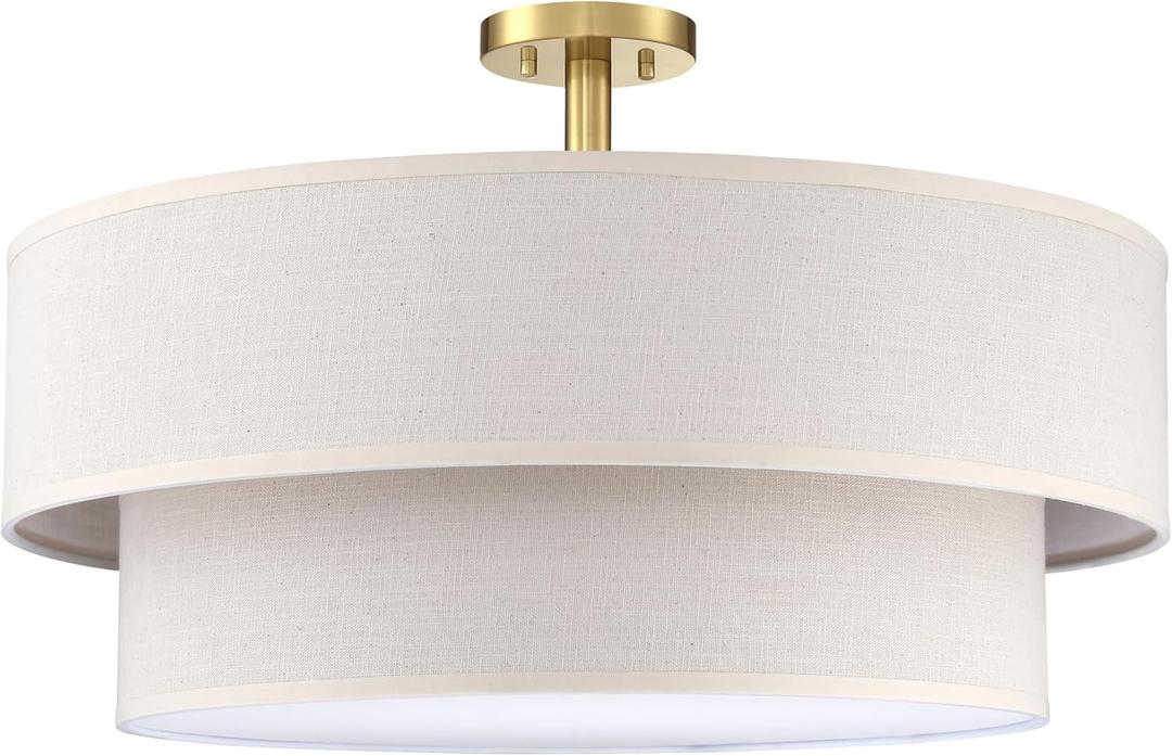 5 Light Semi Flush Mount Close to Ceiling Light Fixture,Cream Linen Fabric Shade Brushed Bronze Finish 22 inch for Bedroom,Living Room,Dining Room Hallway