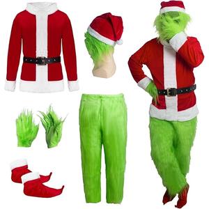 DJKFAEK Green Monster Santa Claus Costumes for Men,Christmas Furry Santa Claus Costume Include Mask for Halloween Cosplay (M)
