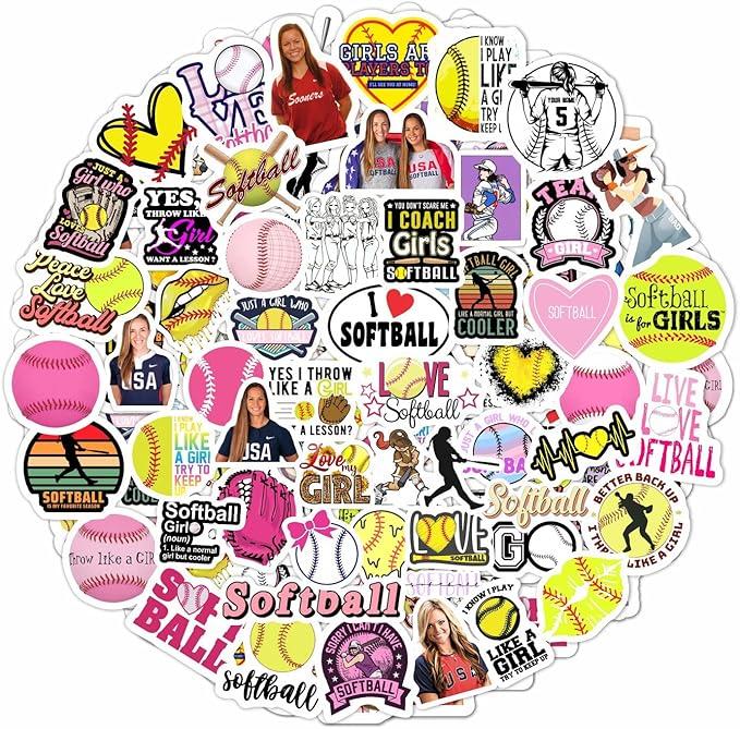 100Pcs Softball Stickers for Girls for Water Bottle and Laptop - Softball Party Favors & Decorations, Waterproof Vinyl Decals, Sports and Athlete Stickers