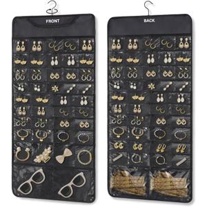 FOREGOER Hanging Jewelry Organizer with 88 Zippered Pockets, Dustproof Foldable for Travel, Accessories Organizer for Holding Jewelries, Earring Organizers and Storage (Black)