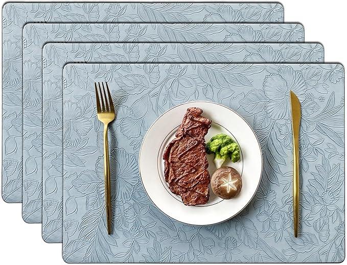Placemats Set of 6, Carving Floral Design,Non-Slip, Heat Resistant,Washable for Kitchen and Dining Table, Artificial Leather Place Mats (Light Blue)