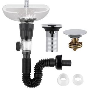IFealClear Bathroom Sink Drain Kit, Flexible P-Trap Drain Pipe with Pop Up Stopper, Sink Pipe Replacement with 2 Adapters, Fits 1-1/4'', 1-1/2'', 2" Holes, Big Cover Cap, Brass Bounce Core, Chrome
