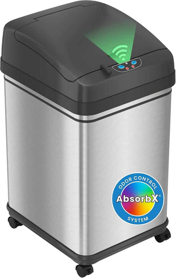 iTouchless Glide 8 Gallon Locking Lid Sensor Trash Can with Wheels and Odor Filter, 30 Liter Stainless Steel Rolling Kitchen Garbage Bin, Powered by Battery or AC Adapter Not Included