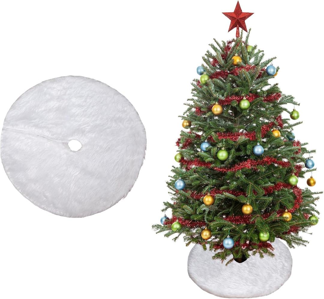 Christmas Tree Skirt Decoration 15" Mini Plush White Faux Fur Xmas Tree Skirt Decorations for Christmas Party Holiday Deco