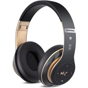 6S Wireless Bluetooth Headphones Over Ear, Hi-Fi Stereo Foldable Wireless Stereo Headsets Earbuds with Built-in Mic, Volume Control, FM for Phone/PC (Black & Gold)
