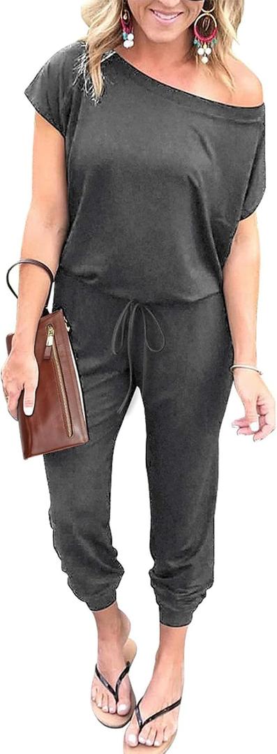 PRETTYGARDEN Jumpsuits for Women 2026 Summer Dressy Off Shoulder Romper Spring Vacation Travel Lounge Outfits Clothes (Gray, XXL)