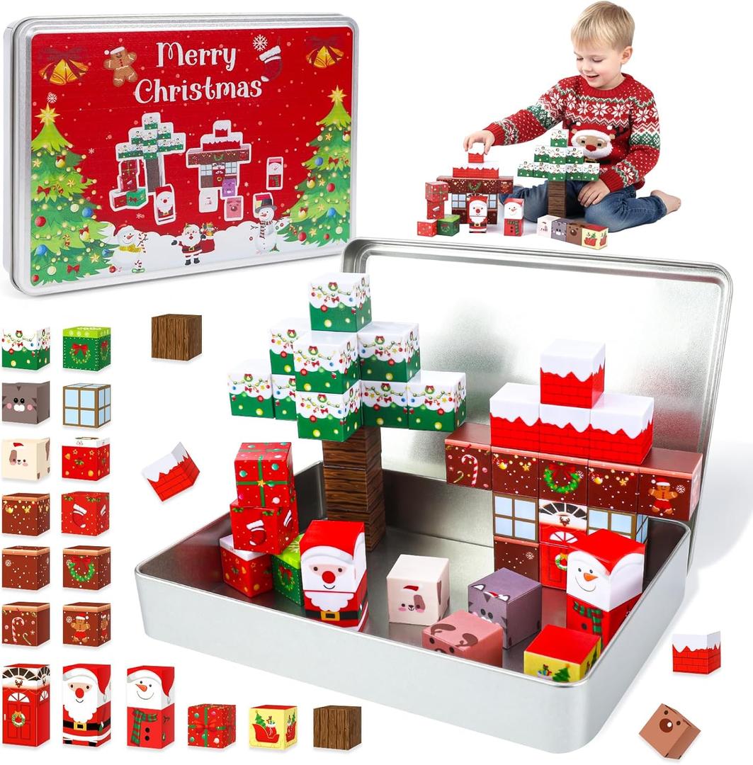Christmas Mini Magnetic Building Blocks - 42PCS Travel Mini Magnet Cubes with Case for Toddlers Kids Road Trip Airplane Activities, Educational STEM Sensory Toys Xmas Gifts for Age 3+ Boys Girls