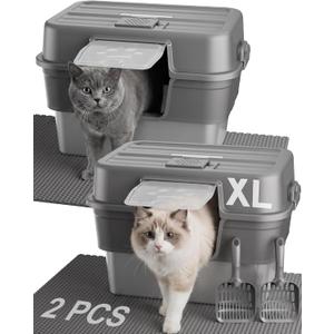 2PACK Stainless Steel Litter Box with Lid, XL Extra Large Litter Box for Big Cats, Enclosed Metal Litterbox High Sided, Easy Cleaning Anti-Urine Leakage, Mat & Filter Pedal & Scoop, Dark Grey