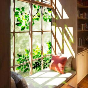 Watercolor Floral Window Sticker, Static Cling Window Clings, Stained Double Sided Window Decals for Glass Windows Door Decor, Leaves with Branch (15.75"x47.24"/40X120cm)