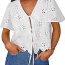 Trendy Queen Womens Tie Front Tops Summer Beach Vacation 2025 Fashion Outfits Loose Fit Blouses Eyelet Embroidered Clothes (Small, White)