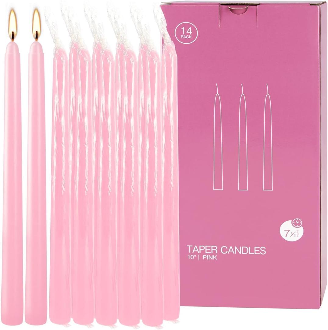 14-Pack Pink Taper Candles - 10 Inch Unscented Dripless Candlesticks, Long Burning for Weddings, Bridal Showers, Valentine's Day & Romantic Dinner Parties