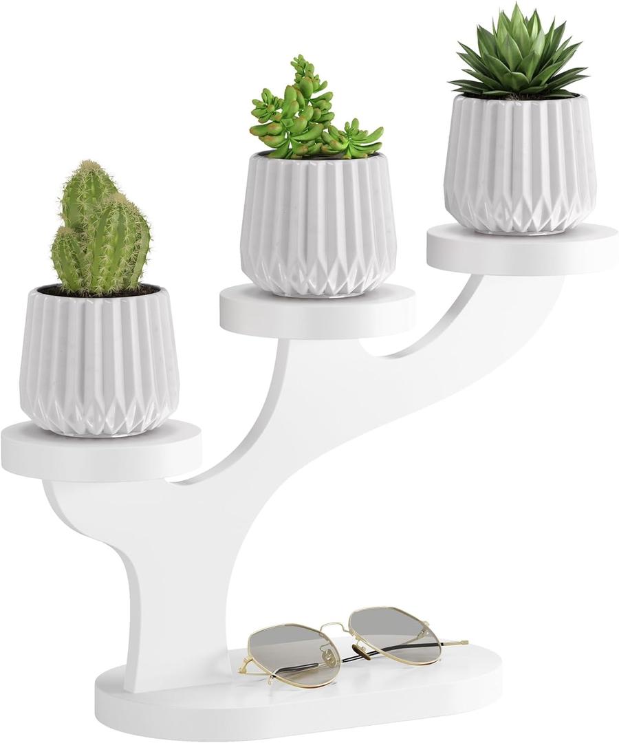 Bamboo Tabletop Plant Stand Indoor, 3 Tier Wood Desktop Small Plant Shelf Window Sill Flower Holder Mini Tiered Plant Display Rack for Patio Balcony Living Room Decor (White)