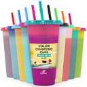 COLORPUL Plastic Tumblers with Lids and Straws - 9 Packs 24oz Color Changing Cups Thick Plastic Cups With Lids And Straws-Reusable Cup With Lids And Straws-Kids Cup With Straws And Lids-Smoothie Cup