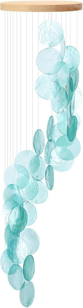 Wenqik Sea Glass Shell Wind Chimes for Outside Seaglass Capiz Windchime Spiral Wind Chimes for Women Beach Holiday Summer Gift Indoor Outdoor Home Housewarming Garden Decor (Blue)