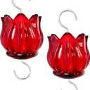 Real Glass Ant Moat for Hummingbird Feeders & Oriole Feeders Glass Tulip Shape Insect Guard with Large Capacity Flower Design Nectar Feeder Accessory Hooks (Red, 2 Pack)