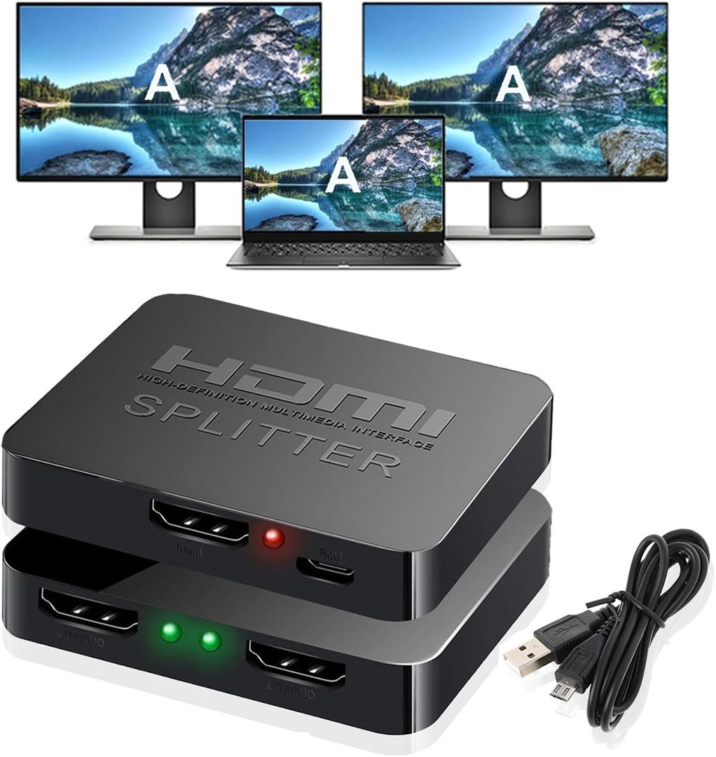 HDMI Splitter 1 in 2 Out for Dual Monitors, 4K Dual HDMI Adapter Extender for 2 Monitors- Copy 1 Source to 2 Displays at The Same Time