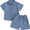 Toddler Baby Boy Linen Outfits Solid Color Short Sleeve Lapel Button Down Shirt and Shorts Summer Clothes Set (12-18 Months, Dark Blue)
