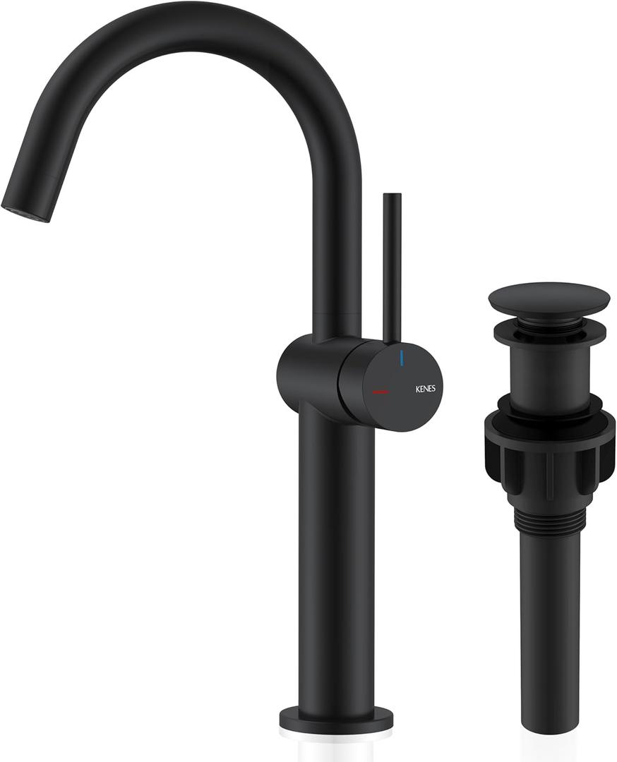 KENES Matte Black Tall Bathroom Vessel Sink Faucet, Single Handle Bathroom Faucet Single Hole, Tall Vanity Faucet with Pop Up Drain and Supply Lines, KE-9005C-2