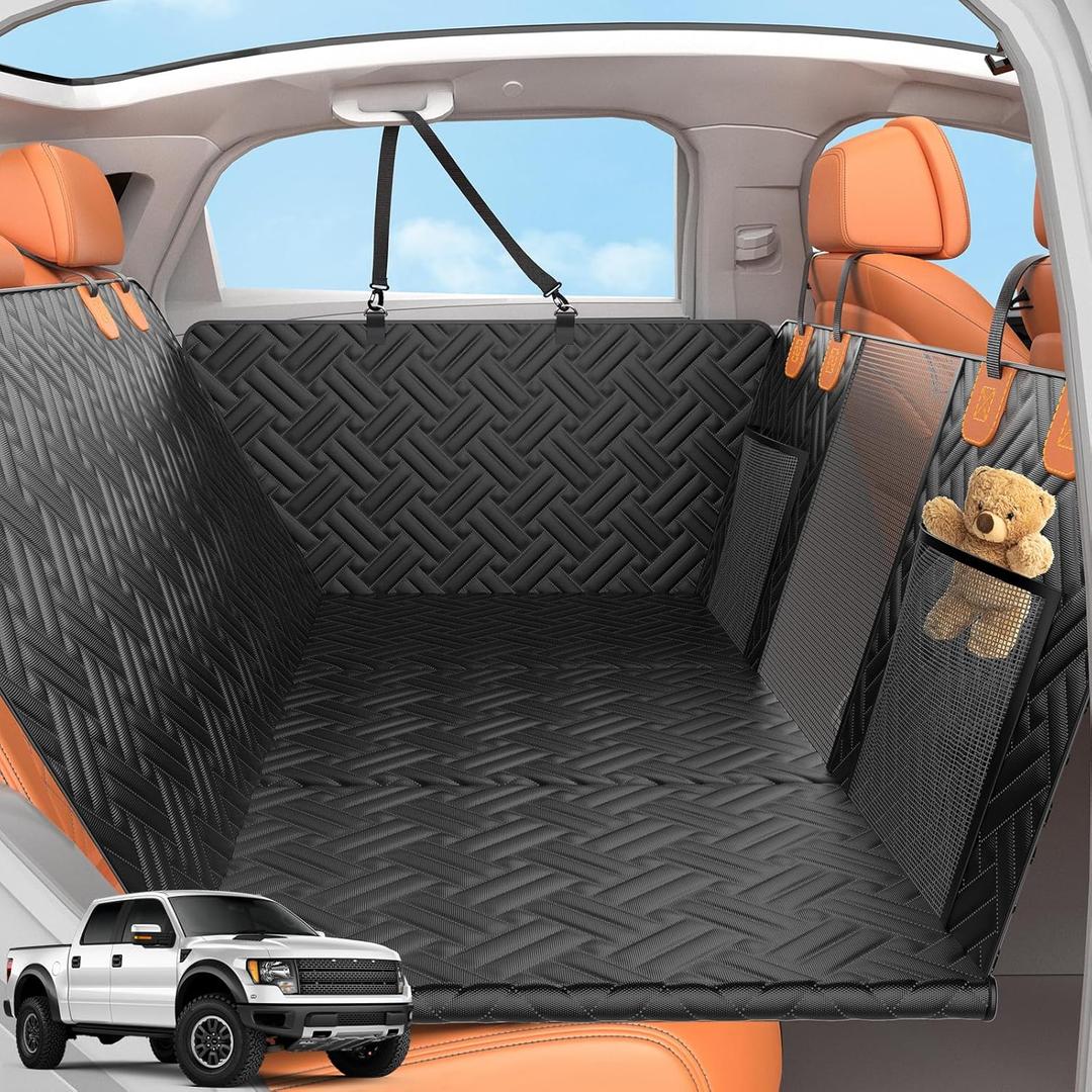 Back Seat Extender for Trucks,Hard Bottom Car Seat Cover for Dogs with Mesh Window,Waterproof Hard Bottom Dog Car Seat Cover for Ford/GMC/Chevrolet/Toyota/RAM Crew Cab Trucks&Full-Size SUVs (XL-Black)