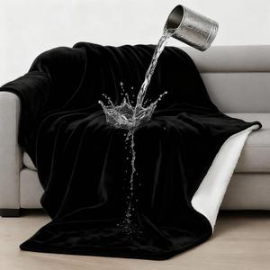 Tisancy Black Waterproof Bed Blanket, 45'' x 40'' Portable Double Side Leakproof Sherpa Flannel Fleece 3 Layer Lightweight Blanket Fits Single Chairs/Travel, Ideal for Small Spots, Absorbs 18oz