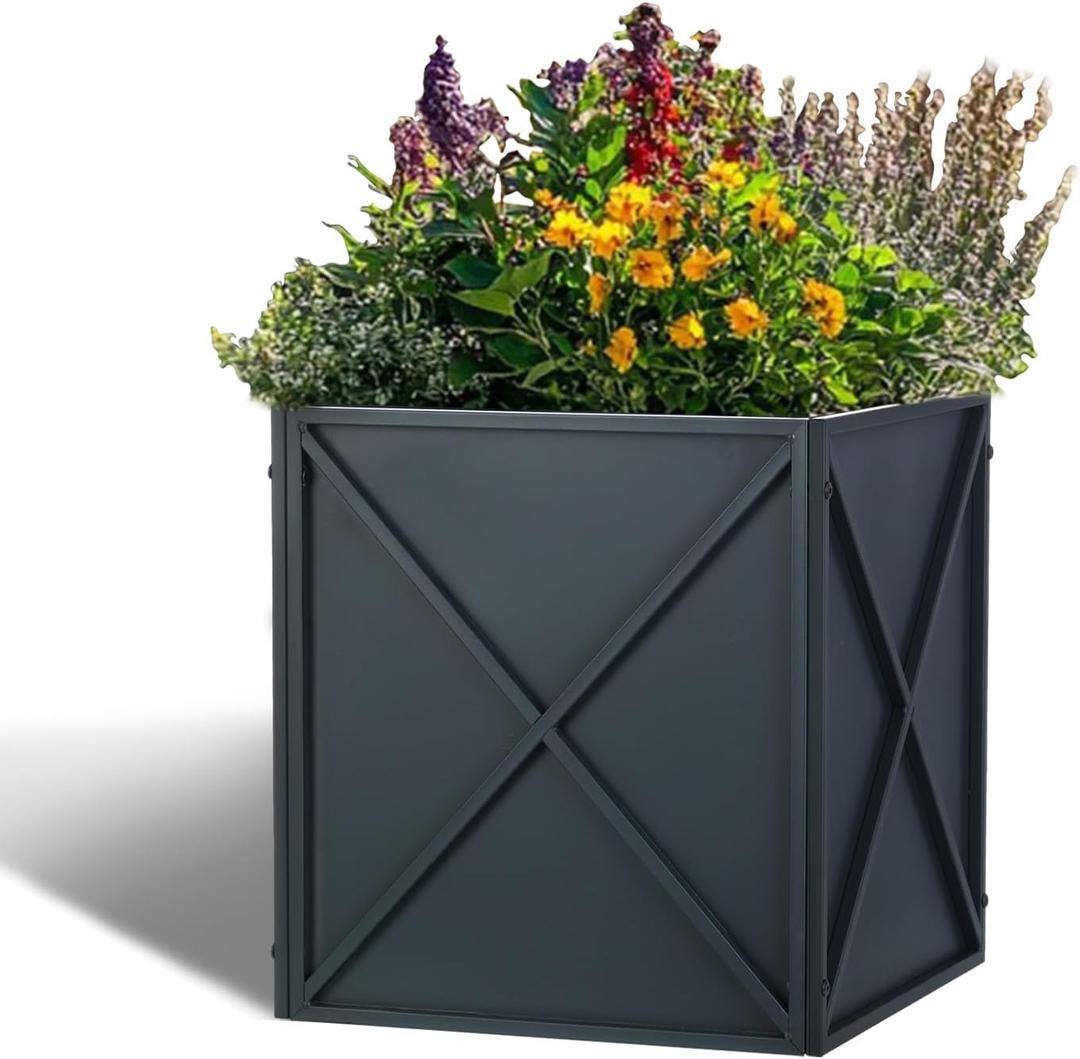 SUNNYPARK Large Metal Planter Box 17x 17x 18, Square Modern Grey Metal Planter Box Heavy Duty with Drainage Holes for Outdoor Garden Patio (Gray)