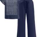 Women Two Piece Outfits Crochet Sheer Knit Sweater Top Wide Leg Pants Lounge Matching Sets Sweatsuit Travel Clothes