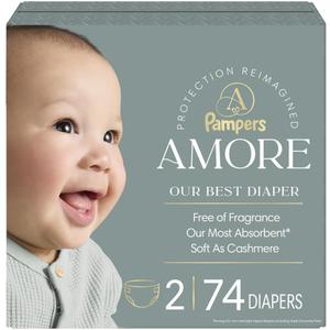 Pampers Amore, Size 2 (10-22 lbs), 74 Count, Our Best Diaper – Hypoallergenic & Fragrance Free, Up to 100% Leakproof, Soft as Cashmere