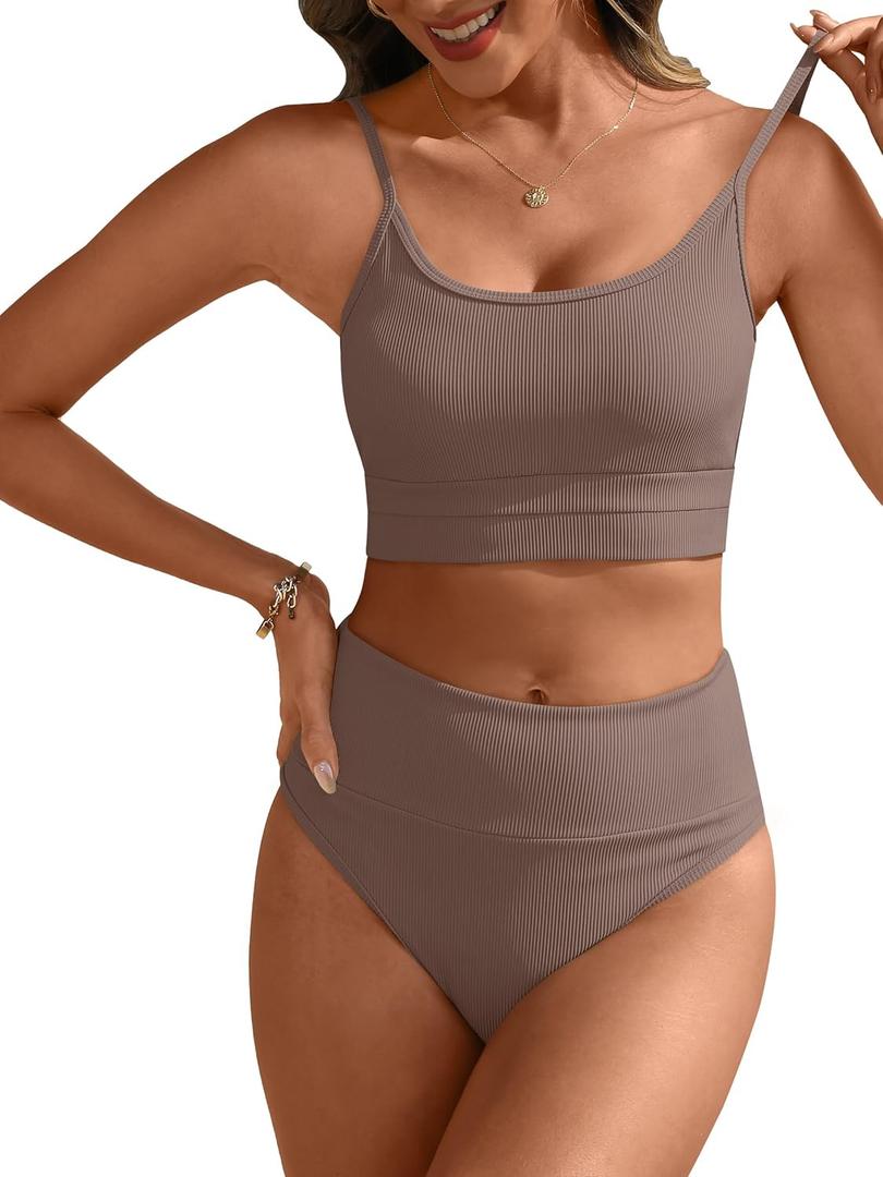 ANRABESS Women High Waisted Bikini Sets Color Block Summer Beach Vacation 2 Piece Bathing Suit Tummy Control Ribbed Swimsuit (Large, Brown)