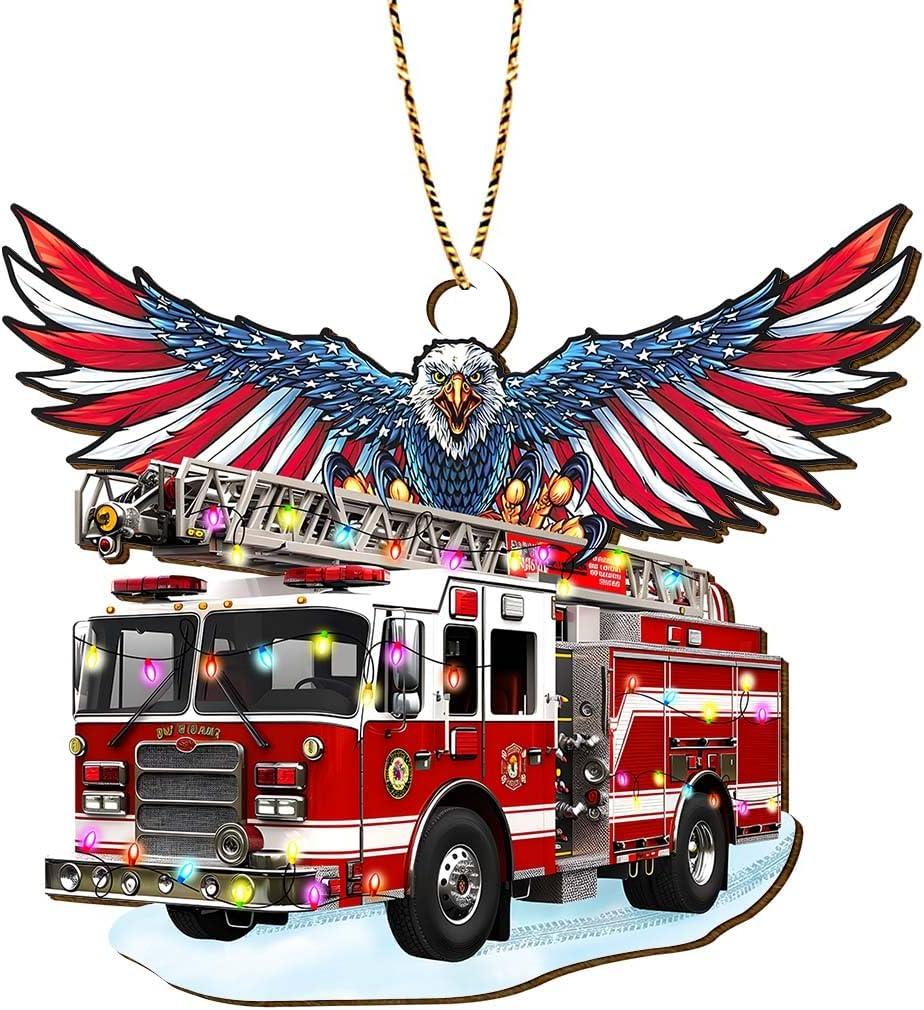 2 x GENANY Firefighter Truck Christmas Ornament, Fire Truck Hanging Ornaments 2025, Wooden Keepsake, Christmas for Men Women, Firefighter Themed Tree Decoration