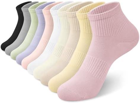 YSense Womens Ankle Socks 10 Pairs, Cotton Crew Gym Athletic Running Quarter Socks Women Men, Multicolor